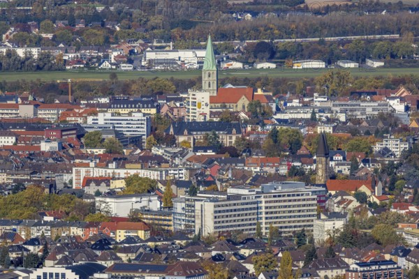 Aerial view, city centre with former Isenbeck brewery site and St. Paul's Church as well as Hamm Protestant Hospital and St. Francis of Assisi Church of Our Dear Lady parish. Franziskus von Assisi Church of Our Dear Lady in the Rhynern district of Hamm, Ruhr area, North Rhine-Westphalia, Germany, place of worship, brewery, city, DE, Europe, healthcare, religious community, place of worship, Hamm, holy site, hospital, city centre, church, parish, clinic, hospital, denomination, infirmary, hospital, aerial view, aerial photography, aerial photography, medical facility, medical aid, religion, religious site, skyline, city centre, overview, bird's-eye view, birds-eyes view, overview, medical care
