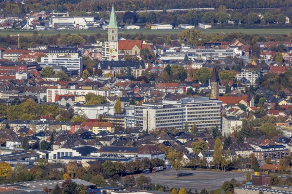 Aerial view, city centre with former Isenbeck brewery site and St. Paul's Church as well as Hamm Protestant Hospital and St. Francis of Assisi Church of Our Dear Lady parish. Franziskus von Assisi Church of Our Dear Lady in the Rhynern district of Hamm, Ruhr area, North Rhine-Westphalia, Germany, place of worship, brewery, city, DE, Europe, healthcare, religious community, place of worship, Hamm, holy site, hospital, city centre, church, parish, clinic, hospital, denomination, infirmary, hospital, aerial view, aerial photography, aerial photography, medical facility, medical aid, religion, religious site, skyline, city centre, overview, bird's-eye view, birds-eyes view, overview, medical care