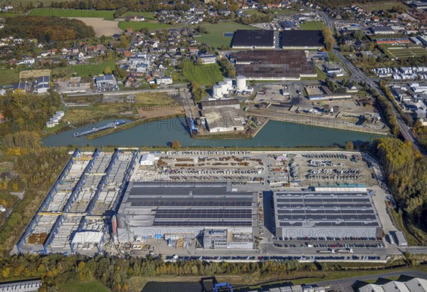 Aerial view, Goldbeck Betonelemente GmbH and Varo tank farm at the Datteln-Hamm canal in the district Uentrop in Hamm, Ruhr area, North Rhine-Westphalia, Germany, DE, Europe, commercial enterprises, commercial area, commercial site, commercial use, Hamm, industrial area, industrial building, industrial site, aerial photograph, aerial photography, aerial photography, overview, bird's-eye view, bird's-eye view, overview
