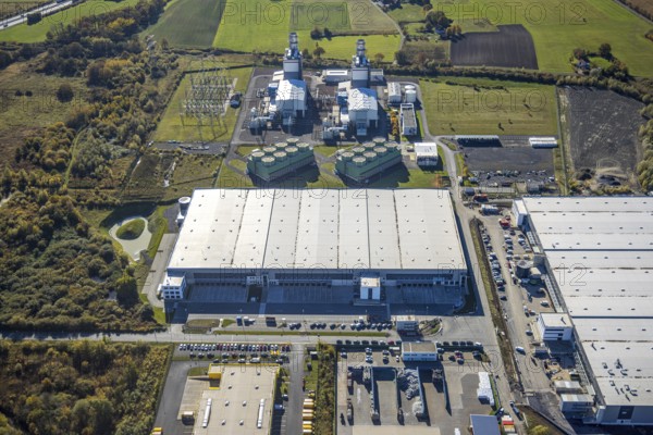 Aerial view, construction site Distribution Park Trianelstraße in the district Uentrop in Hamm, Ruhr area, North Rhine-Westphalia, Germany, construction work, construction area, construction site, building plots, construction measure, construction project, construction site, DE, Europe, commercial enterprises, commercial area, industrial estate, industrial park, commercial site, commercial use, GuD power plant Hamm-Uentrop, Hamm, industrial area, industrial building, industrial site, aerial view, aerial photography, aerial photography, Trianelstraße, overview, bird's eye view, birds-eyes view, overview