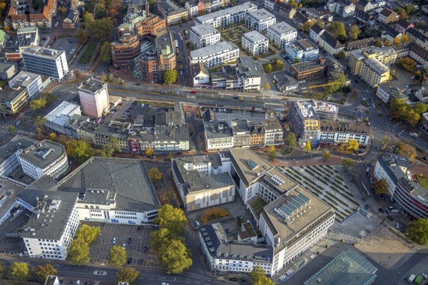 Aerial view, City Neue Bahnhofstraße with new building and Westentorbunker in the district Mitte in Hamm, Ruhr area, North Rhine-Westphalia, Germany, construction work, construction area, construction site, building plots, construction project, construction site, bunker, DE, Europe, Hamm, bunker, aerial view, aerial photography, aerial photography, new building, overview, bird's eye view, birds-eyes view, overview