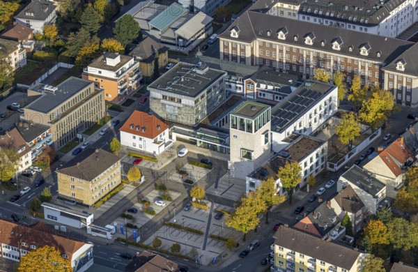 Aerial view, Volksbank Hamm in the district of Mitte in Hamm, Ruhr area, North Rhine-Westphalia, Germany, DE, Europe, finance, commercial enterprises, commercial area, commercial location, commercial use, Hamm, aerial photograph, aerial photography, aerial photography, overview, bird's-eye view, overview