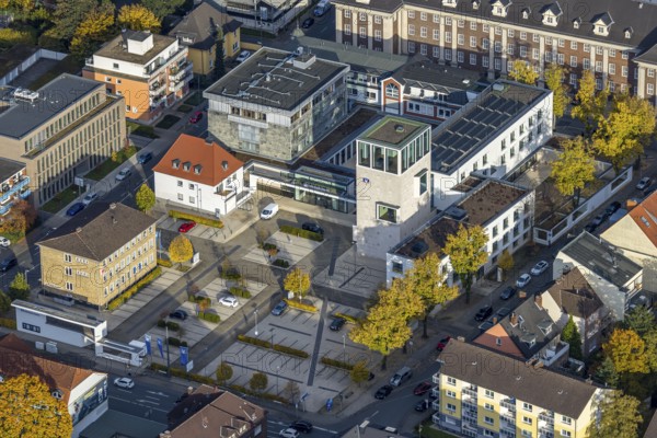 Aerial view, Volksbank Hamm in the district of Mitte in Hamm, Ruhr area, North Rhine-Westphalia, Germany, DE, Europe, finance, commercial enterprises, commercial area, commercial location, commercial use, Hamm, aerial photograph, aerial photography, aerial photography, overview, bird's-eye view, overview