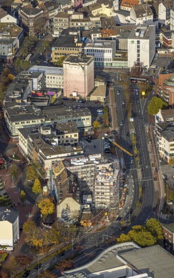 Aerial view, City Neue Bahnhofstraße with new building and Westentorbunker in the district Mitte in Hamm, Ruhr area, North Rhine-Westphalia, Germany, construction work, construction area, construction site, building plots, construction project, construction site, bunker, DE, Europe, Hamm, bunker, aerial view, aerial photography, aerial photography, new building, overview, bird's eye view, birds-eyes view, overview