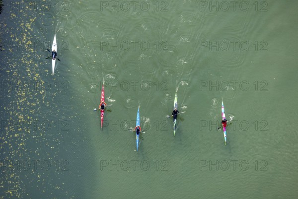 Aerial view, kayaking on the river Lippe in the district Mitte in Hamm, Ruhr area, North Rhine-Westphalia, Germany, DE, Europe, shapes and colours, leisure, Hamm, kayak, aerial view, aerial photography, aerial photography, sports, overview, bird's eye view, water sports, birds-eyes view, overview