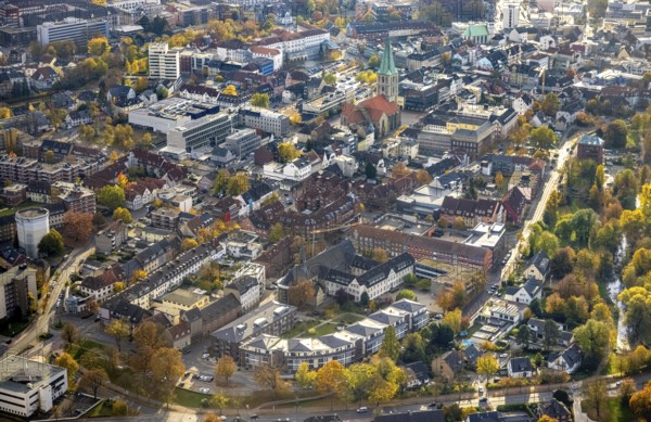 Aerial view, City with evang. Pauluskirche and Westfälischer Anzeiger Pressehaus Gutenbergstraße in the district Mitte in Hamm, Ruhr area, North Rhine-Westphalia, Germany, place of worship, DE, Europe, religious community, place of worship, Hamm, holy place, church, parish, denomination, aerial view, aerial photography, aerial photography, news, new building, news, religion, religious site, overview, publisher, publishing house, publishing industry, bird's eye view, Widumstraße, newspaper, newspaper publisher, birds-eyes view, overview