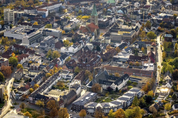 Aerial view, City with evang. Pauluskirche and Westfälischer Anzeiger Pressehaus Gutenbergstraße in the district Mitte in Hamm, Ruhr area, North Rhine-Westphalia, Germany, place of worship, DE, Europe, religious community, place of worship, Hamm, holy place, church, parish, denomination, aerial view, aerial photography, aerial photography, news, new building, news, religion, religious site, overview, publisher, publishing house, publishing industry, bird's eye view, Widumstraße, newspaper, newspaper publisher, birds-eyes view, overview