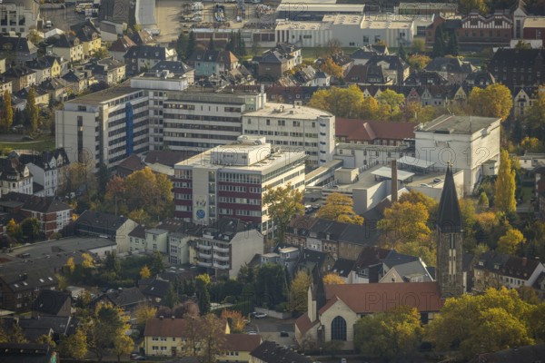 Aerial view, Evang. Krankenhaus Hamm im Stadtteil Mitte in Hamm, Ruhr area, North Rhine-Westphalia, Germany, DE, Europe, healthcare, Hamm, hospital, clinic, clinic centre, hospital, hospital, aerial photograph, aerial photography, aerial photography, medical facility, medical aid, overview, bird's-eye view, overview, medical care