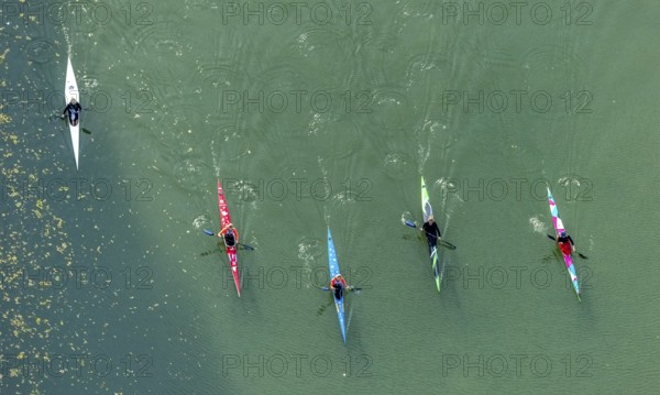 Aerial view, kayaking on the river Lippe in the district Mitte in Hamm, Ruhr area, North Rhine-Westphalia, Germany, DE, Europe, shapes and colours, leisure, Hamm, kayak, aerial view, aerial photography, aerial photography, sports, overview, bird's eye view, water sports, birds-eyes view, overview