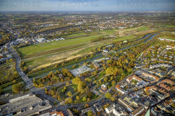 Aerial view, water sports centre at Nordringpark and Hamm airfield and new course of the flood embankment between Münsterstraße and Fährstraße on the river Lippe in the district of Heessen in Hamm, Ruhr area, North Rhine-Westphalia, Germany, construction work, construction area, building site, building plots, construction, construction project, construction site, education, educational institution, DE, Europe, airfield, grammar school, grammar school Hammonense, Hamm, runway, educational institute, aerial view, aerial photography, aerial photography, park, school, runway, overview, bird's-eye view, birds-eyes view, overview, schkeuse