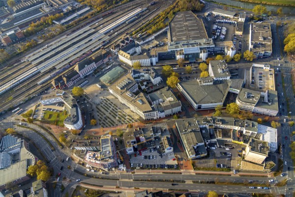 Aerial view, city centre at Platz der Deutschen Einheit and new building at Neue Bahnhofstraße in the district Mitte in Hamm, Ruhr area, North Rhine-Westphalia, Germany, construction work, construction area, building site, building plots, construction project, construction site, City Hamm, DE, Europe, Hamm, aerial view, aerial photography, aerial photography, new building, overview, bird's-eye view, overview
