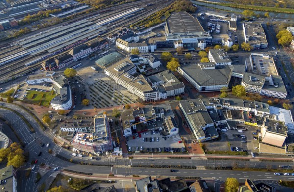 Aerial view, city centre at Platz der Deutschen Einheit and new building at Neue Bahnhofstraße in the district Mitte in Hamm, Ruhr area, North Rhine-Westphalia, Germany, construction work, construction area, building site, building plots, construction project, construction site, City Hamm, DE, Europe, Hamm, aerial view, aerial photography, aerial photography, new building, overview, bird's-eye view, overview