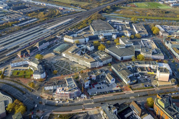 Aerial view, city centre at Platz der Deutschen Einheit and new building at Neue Bahnhofstraße in the district Mitte in Hamm, Ruhr area, North Rhine-Westphalia, Germany, construction work, construction area, building site, building plots, construction project, construction site, City Hamm, DE, Europe, Hamm, aerial view, aerial photography, aerial photography, new building, overview, bird's-eye view, overview
