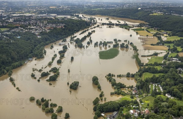 Aerial view, Ruhr floods, Ruhr between Bochum and Hattingen, flood, Blankenstein, Hattingen, Ruhr area, North Rhine-Westphalia, Germany, DE, Europe, birds-eyes view, aerial photograph, aerial photography, aerial photography, overview, bird's eye view, Ruhr floods, heavy rain, flood of the century
