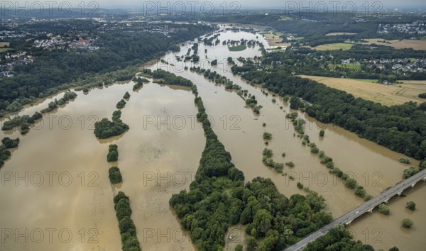Aerial view, Ruhr floods, Ruhr between Bochum and Hattingen, flood, Blankenstein, Hattingen, Ruhr area, North Rhine-Westphalia, Germany, DE, Europe, birds-eyes view, aerial photograph, aerial photography, aerial photography, overview, bird's eye view, Ruhr floods, heavy rain, flood of the century