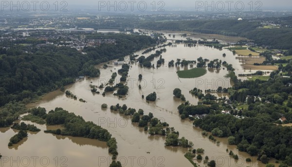 Aerial view, Ruhr floods, Ruhr between Bochum and Hattingen, flood, Blankenstein, Hattingen, Ruhr area, North Rhine-Westphalia, Germany, DE, Europe, birds-eyes view, aerial photograph, aerial photography, aerial photography, overview, bird's eye view, Ruhr floods, heavy rain, flood of the century