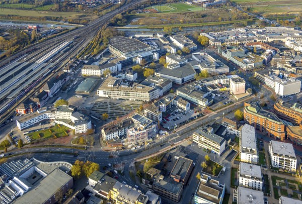 Aerial view, city centre at Platz der Deutschen Einheit and new building at Neue Bahnhofstraße in the district Mitte in Hamm, Ruhr area, North Rhine-Westphalia, Germany, construction work, construction area, building site, building plots, construction project, construction site, City Hamm, DE, Europe, Hamm, aerial view, aerial photography, aerial photography, new building, overview, bird's-eye view, overview