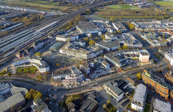 Aerial view, city centre at Platz der Deutschen Einheit and new building at Neue Bahnhofstraße in the district Mitte in Hamm, Ruhr area, North Rhine-Westphalia, Germany, construction work, construction area, building site, building plots, construction project, construction site, City Hamm, DE, Europe, Hamm, aerial view, aerial photography, aerial photography, new building, overview, bird's-eye view, overview