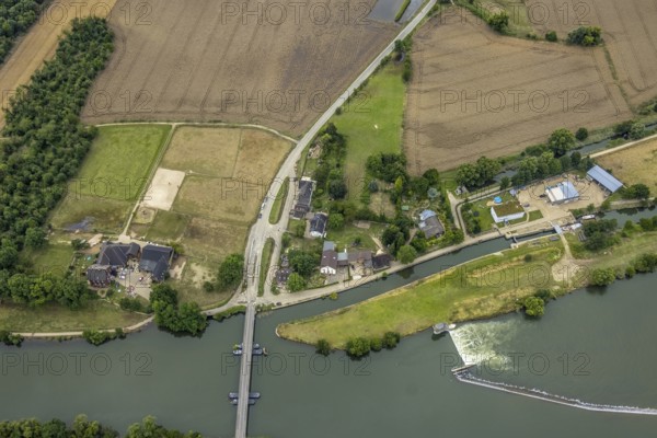 Aerial view, at the Dahlhauser swimming bridge, a week ago there was still land under water at this point - the Ruhr was flooding, course of the Ruhr, Winz, Hattingen, Ruhr area, North Rhine-Westphalia, Germany, Bochum, DE, Europe, birds-eyes view, aerial view, aerial photography, aerial photography, overview, bird's eye view