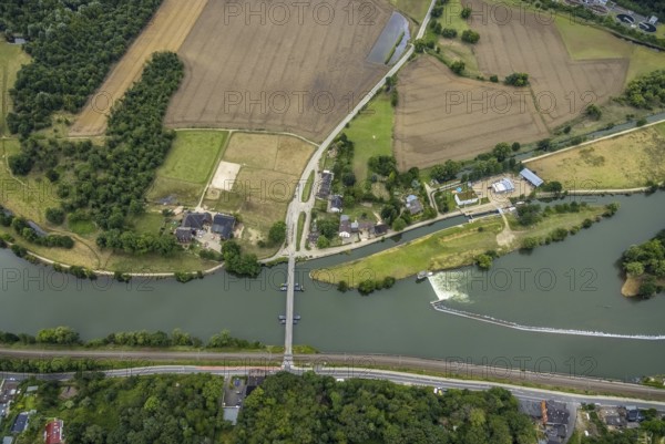 Aerial view, at the Dahlhauser swimming bridge, a week ago there was still land under water at this point - the Ruhr was flooding, course of the Ruhr, Winz, Hattingen, Ruhr area, North Rhine-Westphalia, Germany, Bochum, DE, Europe, birds-eyes view, aerial view, aerial photography, aerial photography, overview, bird's eye view