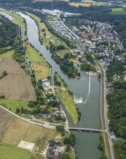 Aerial view, at the Dahlhauser swimming bridge, a week ago there was still land under water at this point - the Ruhr was flooding, course of the Ruhr, Winz, Hattingen, Ruhr area, North Rhine-Westphalia, Germany, Bochum, DE, Europe, birds-eyes view, aerial view, aerial photography, aerial photography, overview, bird's eye view, in front of and after