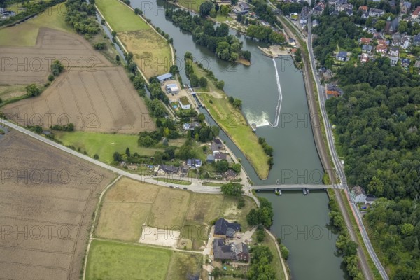 Aerial view, at the Dahlhauser swimming bridge, a week ago there was still land under water at this point - the Ruhr was flooding, course of the Ruhr, Winz, Hattingen, Ruhr area, North Rhine-Westphalia, Germany, DE, Europe, birds-eyes view, aerial view, aerial photography, aerial photography, overview, overview, bird's eye view, in front of and after