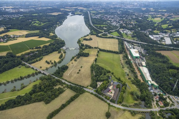 Aerial view, Haus Kemnade, a week ago there was still land under water here - the Ruhr was flooding, course of the Ruhr, Buchholz, Witten, Ruhr area, North Rhine-Westphalia, Germany, Hattingen, DE, Europe, birds-eyes view, aerial view, aerial photography, aerial photography, overview, bird's eye view, in front of and after