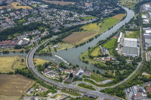 Aerial view, a week ago there was still land under water at this point - the Ruhr was flooding, course of the Ruhr, Hattingen, Ruhr area, North Rhine-Westphalia, Germany, DE, Europe, birds-eyes view, aerial view, aerial photography, aerial photography, overview, overview, bird's eye view, in front of and after