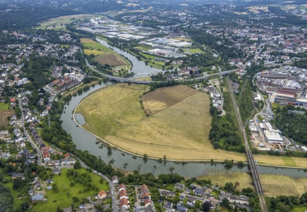 Aerial view, a week ago there was still land under water here - the Ruhr was flooding, course of the Ruhr, Winz, Hattingen, Ruhr area, North Rhine-Westphalia, Germany, DE, Europe, birds-eyes view, aerial view, aerial photography, aerial photography, overview, bird's eye view