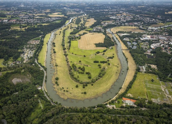 Aerial view, the Ruhr loop near Hattingen at Isenburgstraße, a week ago there was still land under water at this point - the Ruhr was flooding, course of the Ruhr, Winz, Hattingen, Ruhr area, North Rhine-Westphalia, Germany, DE, Europe, birds-eyes view, aerial view, aerial photography, aerial photography, overview, bird's eye view, in front of and after