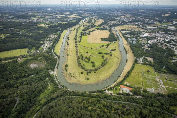 Aerial view, the Ruhr loop near Hattingen at Isenburgstraße, a week ago there was still land under water at this point - the Ruhr was flooding, course of the Ruhr, Winz, Hattingen, Ruhr area, North Rhine-Westphalia, Germany, DE, Europe, birds-eyes view, aerial view, aerial photography, aerial photography, overview, bird's eye view