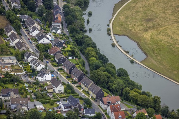 Aerial view, a week ago there was still land under water here - the Ruhr was flooding, course of the Ruhr, Winz, Hattingen, Ruhr area, North Rhine-Westphalia, Germany, DE, Europe, birds-eyes view, aerial view, aerial photography, aerial photography, overview, bird's eye view