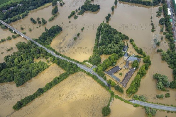 Aerial photograph, Ruhr flood, flooding, Haus Kemnade, Blankenstein, Hattingen, Ruhr area, North Rhine-Westphalia, Germany, DE, Europe, birds-eyes view, aerial photograph, aerial photography, aerial photography, overview, overview, bird's eye view, flood, century flood