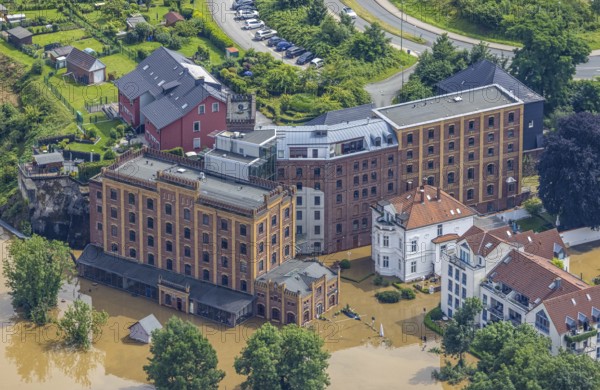 Aerial photo, Ruhr flood, flooding, Hattingen, Ruhr area, North Rhine-Westphalia, Germany, DE, Europe, birds-eyes view, aerial photo, aerial photography, aerial photography, overview, bird's eye view, flood, flood of the century