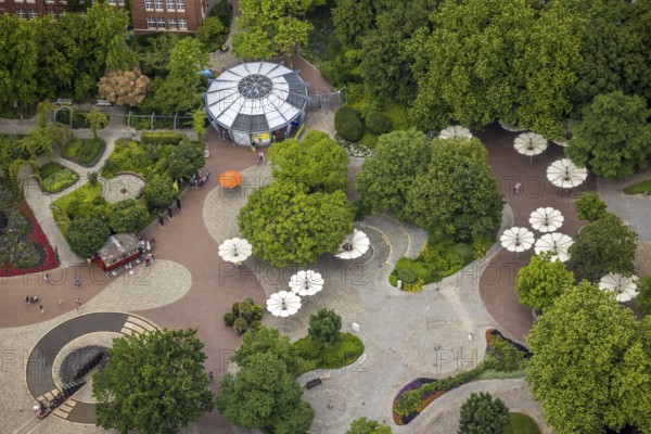 Aerial photo, Maximilianpark leisure park, entrance area, Uentrop, Hamm, Ruhr area, North Rhine-Westphalia, Germany, DE, Europe, leisure facility, leisure activities, leisure park, leisure enjoyment, aerial photo, aerial photography, aerial photography, MaxiPark, overview, bird's-eye view, birds-eyes view, overview