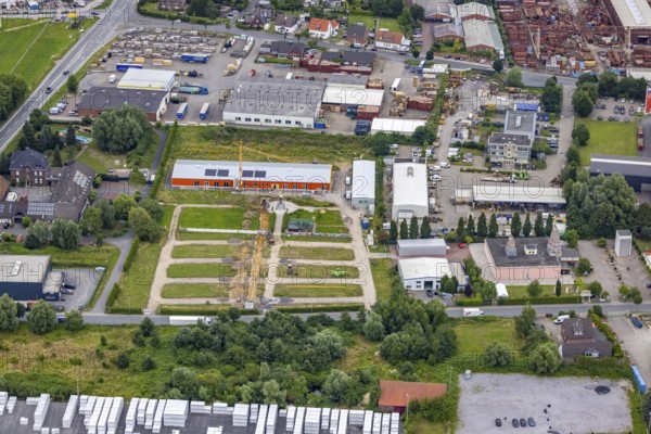 Aerial view, construction site and new building in DistributionPark Hamm, Trianelstraße and K'Park-Straße, Halle Siegenbeckstraße, Uentrop, Hamm, Ruhr area, North Rhine-Westphalia, Germany, DE, Europe, commercial enterprises, commercial area, commercial park, commercial location, commercial use, Hines Immobilien, industrial area, industrial building, industrial location, aerial photograph, aerial photography, aerial photography, overview, bird's-eye view, overview