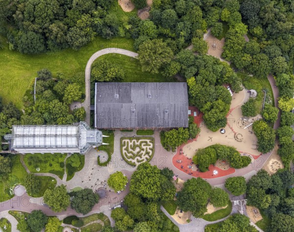 Aerial view, Maximilianpark leisure park, maze and glass elephant, Uentrop, Hamm, Ruhr area, North Rhine-Westphalia, Germany, DE, glass elephant, Europe, leisure facility, leisure activities, leisure park, leisure enjoyment, maze, aerial view, aerial photography, aerial photography, MaxiPark, overview, bird's-eye view, overview