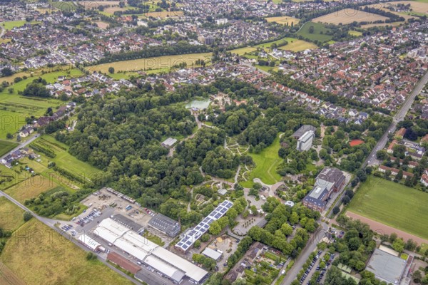 Aerial photo, Maximilianpark leisure park, Uentrop, Hamm, Ruhr area, North Rhine-Westphalia, Germany, DE, Europe, leisure facility, leisure activities, leisure park, leisure enjoyment, green trees, aerial photo, aerial photography, aerial photography, MaxiPark, rose garden, butterfly house, playground, overview, bird's eye view, birds-eyes view, overview