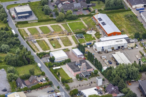 Aerial view, construction site and new building in DistributionPark Hamm, Trianelstraße and K'Park-Straße, Halle Siegenbeckstraße, Uentrop, Hamm, Ruhr area, North Rhine-Westphalia, Germany, DE, Europe, commercial enterprises, commercial area, commercial park, commercial location, commercial use, Hines Immobilien, industrial area, industrial building, industrial location, aerial photograph, aerial photography, aerial photography, overview, bird's-eye view, overview
