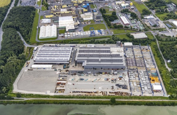 Aerial view, construction site and new building in DistributionPark Hamm, Trianelstraße and K'Park-Straße, Uentrop, Hamm, Ruhr area, North Rhine-Westphalia, Germany, DE, Europe, commercial enterprises, commercial area, commercial park, commercial location, commercial use, Hines Immobilien, industrial area, industrial building, industrial location, aerial view, aerial photography, aerial photography, photovoltaics, photovoltaic plant, solar, solar plant, solar roof, solar energy, overview, bird's-eye view, bird's-eye view, overview