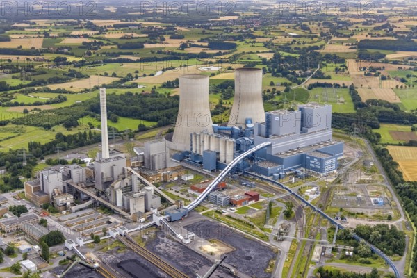 Aerial view, RWE power plant Westfalen, Uentrop, Hamm, Ruhr area, North Rhine-Westphalia, Germany, DE, power plant, Europe, distant view, shapes and colours, coal-fired power plant, cooling towers, aerial view, aerial photography, aerial photography, tower, overview, bird's-eye view, twin towers, birds-eyes view, overview