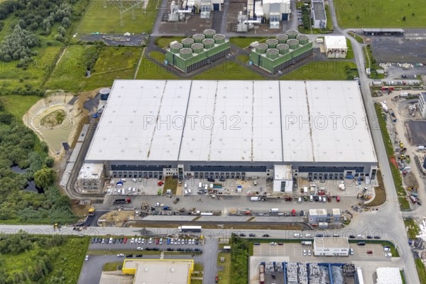 Aerial view, construction site and new building in DistributionPark Hamm, Trianelstraße and K'Park-Straße, two building complexes with offices and warehouses for logistics, Uentrop, Hamm, Ruhr area, North Rhine-Westphalia, Germany, DE, Europe, commercial enterprises, commercial area, business park, commercial location, commercial use, Hines Immobilien, industrial area, industrial building, industrial location, logistics, logistics service, logistics service provider, logistics provider, logistics centre, aerial view, aerial photography, aerial photography, transport service, overview, bird's-eye view, overview