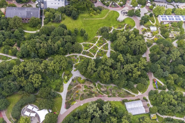 Aerial photo, Maximilianpark leisure park, rose garden, Uentrop, Hamm, Ruhr area, North Rhine-Westphalia, Germany, DE, Europe, leisure facility, leisure activities, leisure park, leisure enjoyment, aerial photo, aerial photography, aerial photography, MaxiPark, butterfly house, overview, bird's eye view, birds-eyes view, overview