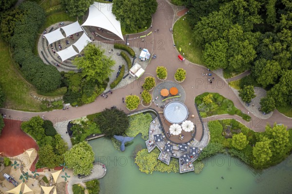 Aerial view, Maximilianpark leisure park, kiosk at the lake, Uentrop, Hamm, Ruhr area, North Rhine-Westphalia, Germany, outdoor catering, DE, food and drink, Europe, leisure facility, leisure activities, leisure park, leisure enjoyment, gastronomy, aerial photography, aerial photography, MaxiPark, SeeKiosk, overview, bird's-eye view, bird's-eye view, overview