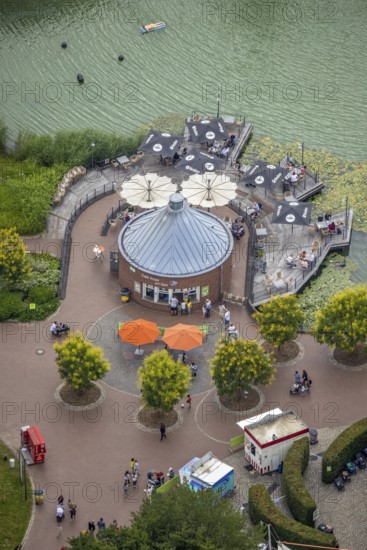 Aerial view, Maximilianpark leisure park, kiosk at the lake, Uentrop, Hamm, Ruhr area, North Rhine-Westphalia, Germany, outdoor catering, DE, food and drink, Europe, leisure facility, leisure activities, leisure park, leisure enjoyment, gastronomy, aerial photography, aerial photography, MaxiPark, SeeKiosk, overview, bird's-eye view, bird's-eye view, overview