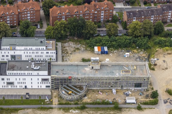 Aerial view, construction area SCI:Q Science Quarter Hamm, Paracelsuspark, Hamm-Lippstadt University of Applied Sciences, Hamm, Ruhr area, North Rhine-Westphalia, Germany, construction work, construction, construction area, building site, building plots, construction project, construction site, education, DE, Europe, university, teaching institute, aerial view, aerial photography, aerial photography, Marker Allee, new building, school, Science Quarter Hamm, technology centre, Techpark, overview, bird's-eye view, science quarter, birds-eyes view, overview