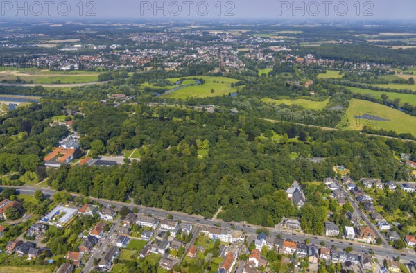 Aerial view, spa garden with spa hotel Bad Hamm in Uentrop, Hamm, Ruhr area, North Rhine-Westphalia, Germany, DE, Europe, green trees, spa garden Bad Hamm, aerial view, aerial photography, aerial photography, park, overview, bird's-eye view, overview