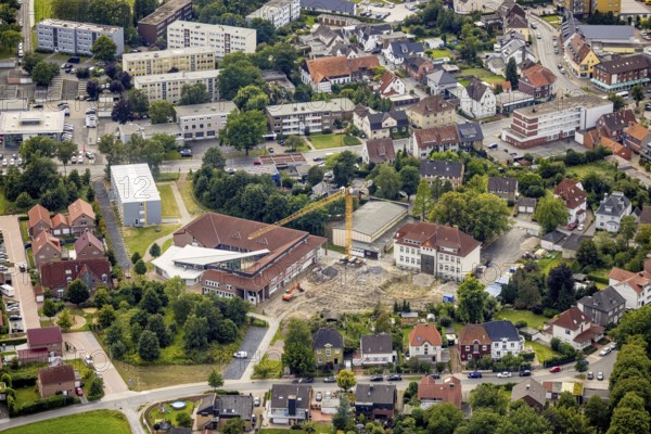 Aerial view, construction site with extension of the Falkschule / Arnold-Freymuth-Gesamtschule in Herringen, Hamm, Ruhr area, North Rhine-Westphalia, Germany, construction work, construction area, building site, building plots, construction measure, construction project, construction site, education, educational institution, DE, Europe, comprehensive school, capacity requirement, teaching institute, aerial view, aerial photography, aerial photography, school, overview, bird's-eye view, bird's-eye view, overview