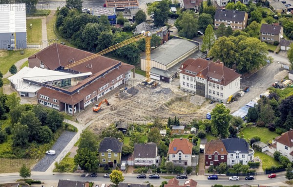 Aerial view, construction site with extension of the Falkschule / Arnold-Freymuth-Gesamtschule in Herringen, Hamm, Ruhr area, North Rhine-Westphalia, Germany, construction work, construction area, building site, building plots, construction measure, construction project, construction site, education, educational institution, DE, Europe, comprehensive school, capacity requirement, teaching institute, aerial view, aerial photography, aerial photography, school, overview, bird's-eye view, bird's-eye view, overview