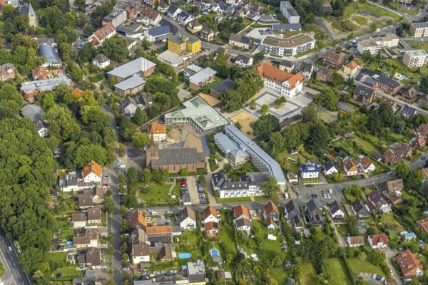 Aerial view, Heilig Kreuz catholic church and Caritas retirement home St. Josef in the district of Herringen in Hamm, Ruhr area, North Rhine-Westphalia, Germany